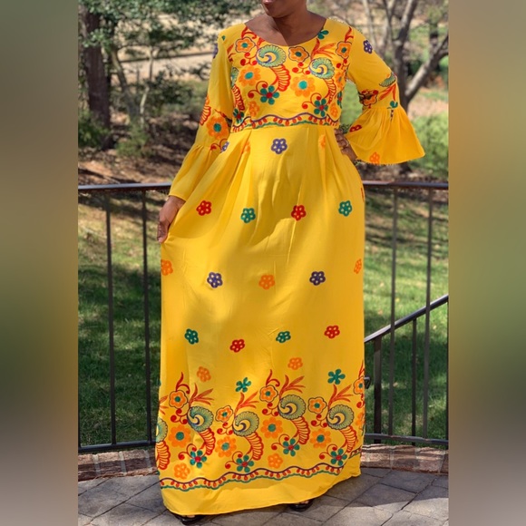 Yellow Multicolor Embroidered Bell Sleeve Maxi Dress - Picture 10 of 11